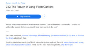 "Content Corner" was mentioned in the "Content Inc." podcast from Joe Pulizzi